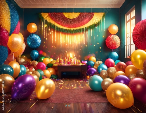 Diwali-themed balloons, streamers, and party decorations set up for a festive gathering photo