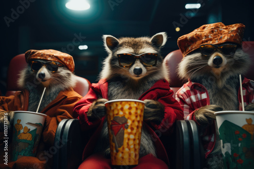 Raccoons in sunglasses sitting in cinema seats with popcorn