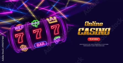 Banner Online Casino with slot machine. Vector illustration.