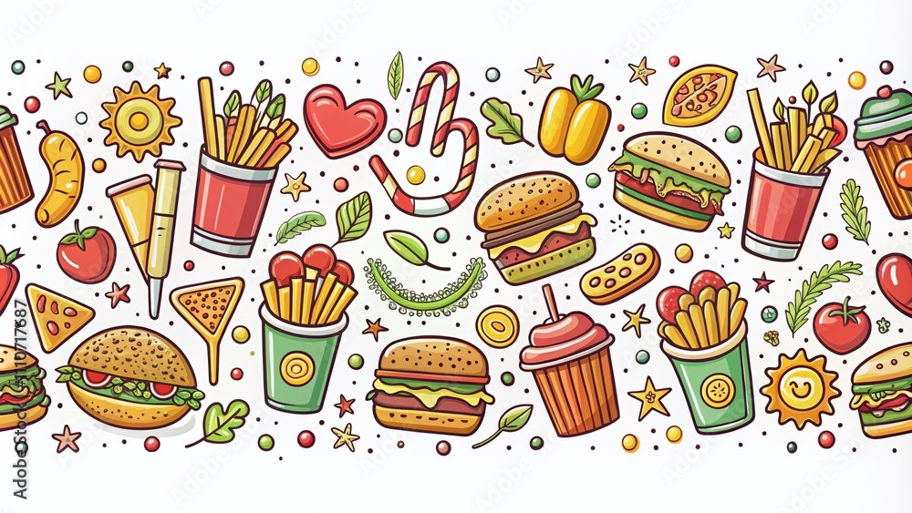 Hand-Drawn Fast Food Doodle Border with Burgers, Fries, and Drinks on White Background for Creative Projects Hand-Drawn Fast Food Doodle Border with Burgers, Fries, and Drinks on White Background for Creative Projects