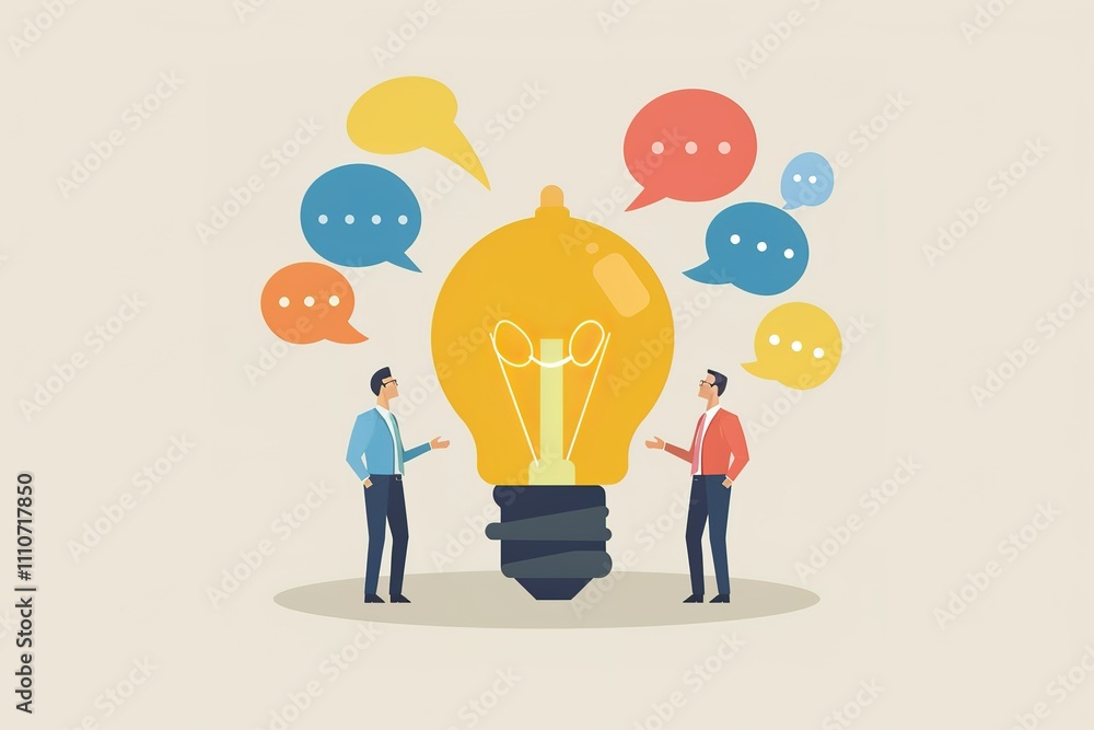 Two men are talking to each other in front of a light bulb Two men are talking to each other in front of a light bulb