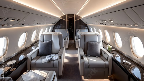 Sophisticated private jet cabin with modern finishes and clean lines. Soft lighting and plush seating for a high-end in-flight experience.