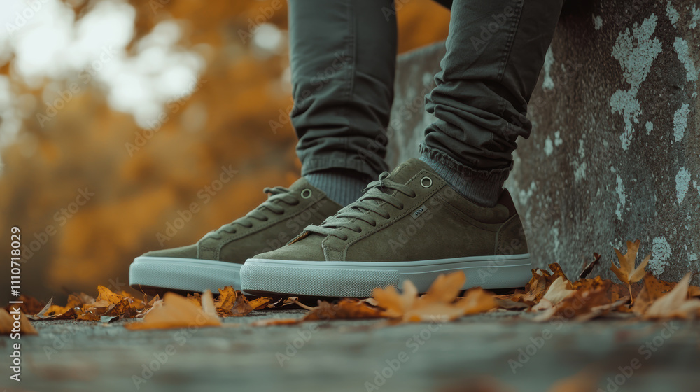 stylish pair of olive green sneakers worn with casual pants, surrounded by autumn leaves. scene captures relaxed vibe in natural setting