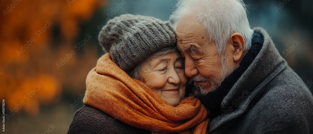 Obraz premium Elderly couple sitting together wrapped in a single cozy scarf sharing a warm and affectionate moment in an autumn outdoor setting surrounded by vibrant foliage