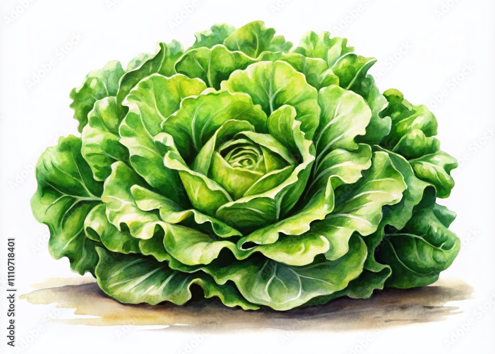 Obraz premium Hand Drawn Watercolor Illustration of Green Lettuce on White Background Celebrating Organic Vegetarian Food in Tilt-Shift Photography Style for Fresh Produce Enthusiasts