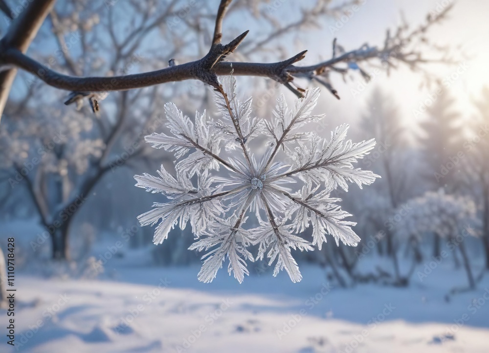 A delicate ice crystal or frosty flower formation hanging from a frozen branch of a tree in the center of a serene and peaceful wintery landscape , frosty morning, serene landscape, frozen branch A delicate ice crystal or frosty flower formation hanging from a frozen branch of a tree in the center of a serene and peaceful wintery landscape , frosty morning, serene landscape, frozen branch