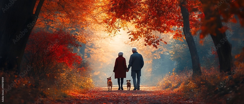 Elderly couple enjoying a leisurely stroll with their beloved dog along a picturesque autumn trail surrounded by a vibrant display of colorful foliage in a serene natural setting Elderly couple enjoying a leisurely stroll with their beloved dog along a picturesque autumn trail surrounded by a vibrant display of colorful foliage in a serene natural setting