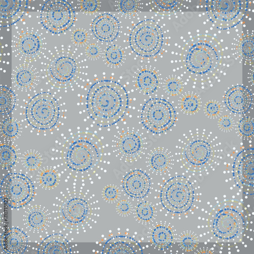 Pattern of particles, fragments.Abstract background with circles and dots pattern.gray and blue backdrop. square design  for artsy background or hijab scarf and foulard pattern. Fashionable template