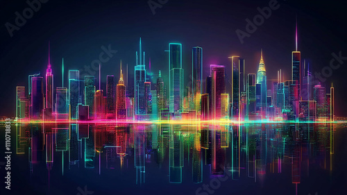 abstract ultra modern light effect of cityscape featuring sleek modern architecture illuminated by vibrant neon lights, Vibrant Futuristic City Skyline at Night with shiny and glowing neon lights.