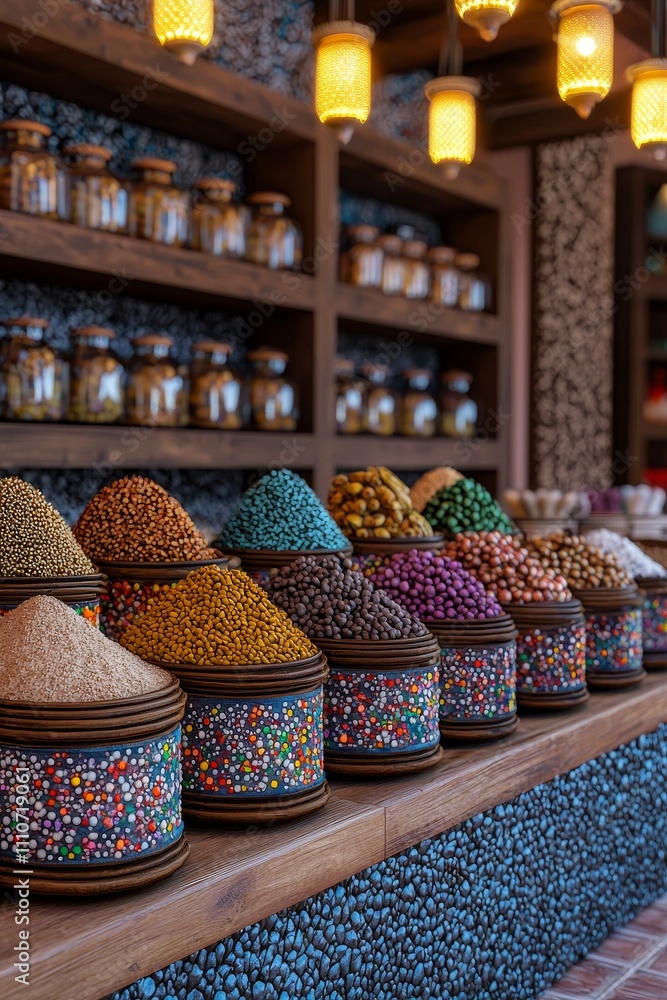 Fototapeta premium A vibrant display of colorful spices and herbs in intricately designed jars, creating an inviting market atmosphere.