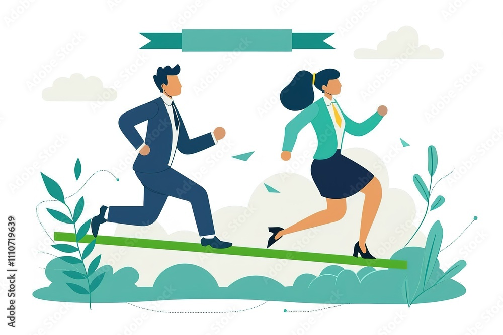 Two people running on a green board with a ribbon Two people running on a green board with a ribbon