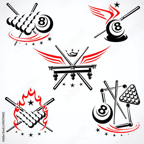 Billiards and snooker labels and icon set. Collection icons billiard. Vector