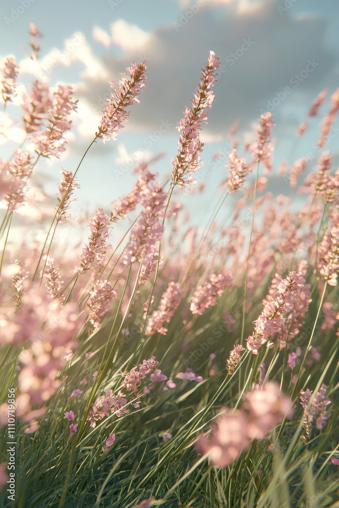Fototapeta premium A serene field of pink flowers swaying gently in the breeze, under a soft blue sky with fluffy clouds.