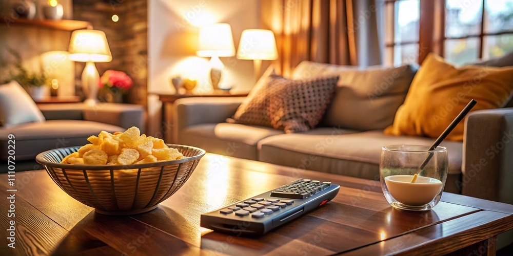 High Depth of Field Image of a Television Remote on a Coffee Table Surrounded by Snacks and a Cozy Living Room Setting, Perfect for Home Entertainment Themes and Interior Decor High Depth of Field Image of a Television Remote on a Coffee Table Surrounded by Snacks and a Cozy Living Room Setting, Perfect for Home Entertainment Themes and Interior Decor