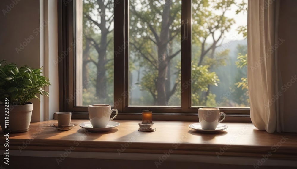 Fototapeta premium Cozy coffee nook with a cup of coffee on the windowsill, coffee, home