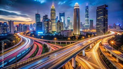 High Depth of Field Night Scene of Megacity Highway in Shanghai, China Capturing Light Trails and Urban Vibes with Vibrant City Lights and Busy Traffic Flow