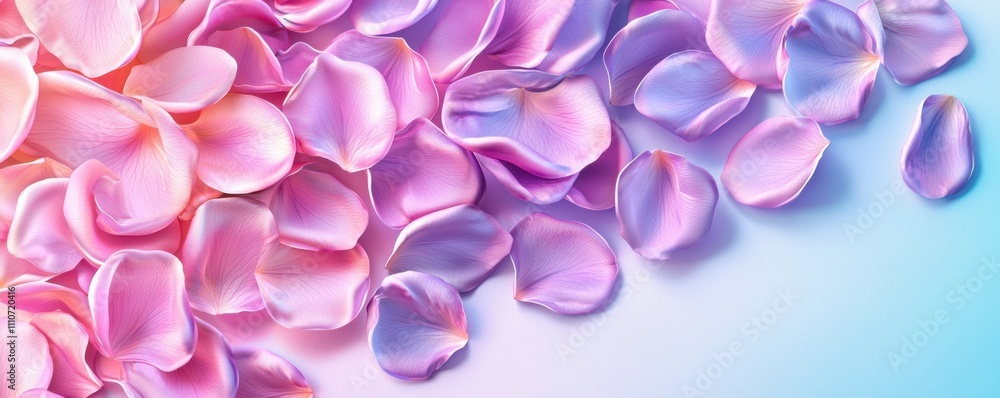 Obraz premium A vibrant arrangement of delicate pink and purple flower petals scattered against a soft blue background