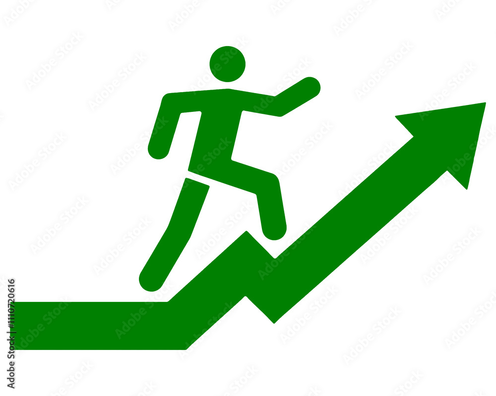 上昇する矢印の上を走っている人のピクトグラム風イラスト　成功のイメージ　透過背景の切り抜き