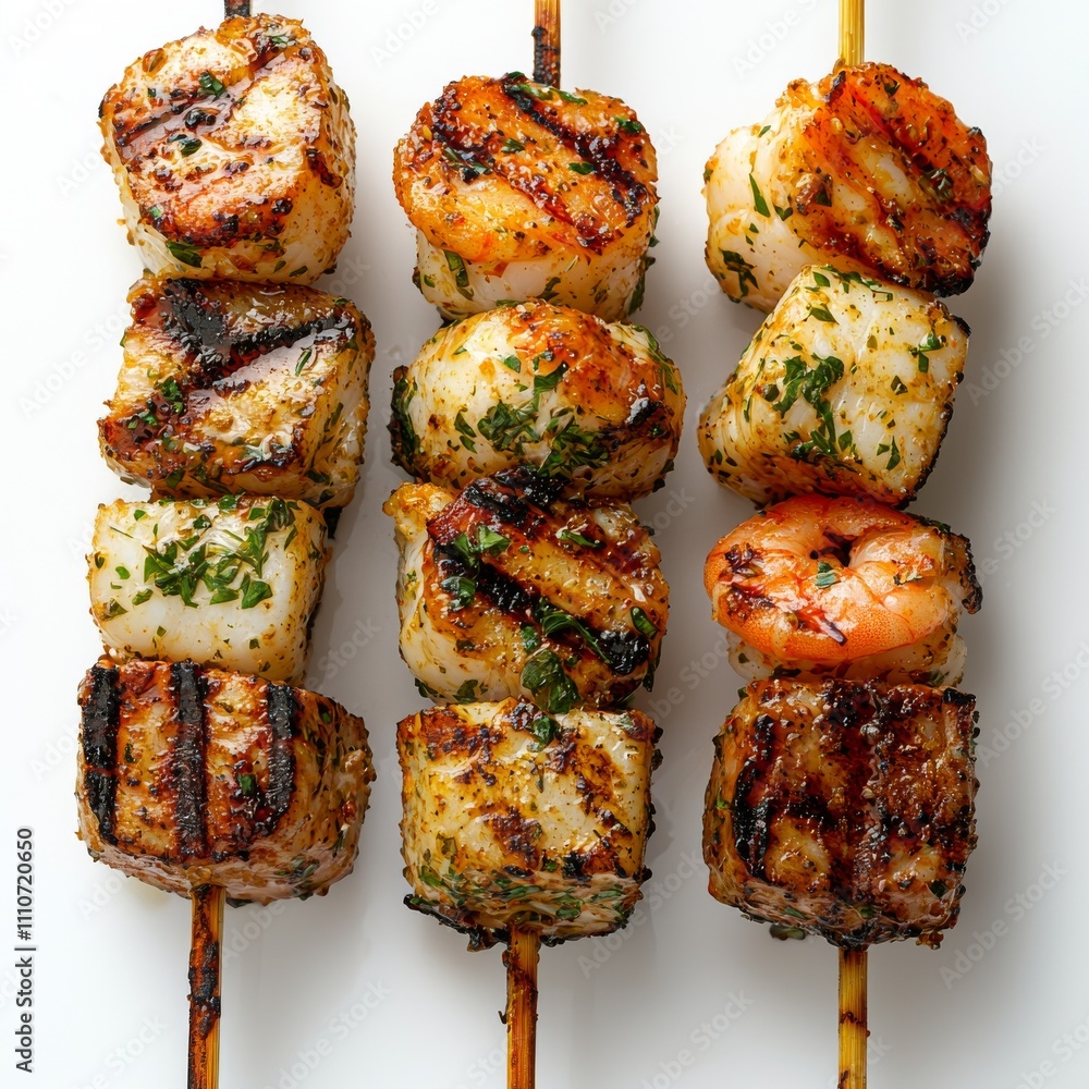 Delicious skewers of grilled seafood featuring shrimp, scallops, and fish, garnished with herbs. Delicious skewers of grilled seafood featuring shrimp, scallops, and fish, garnished with herbs.