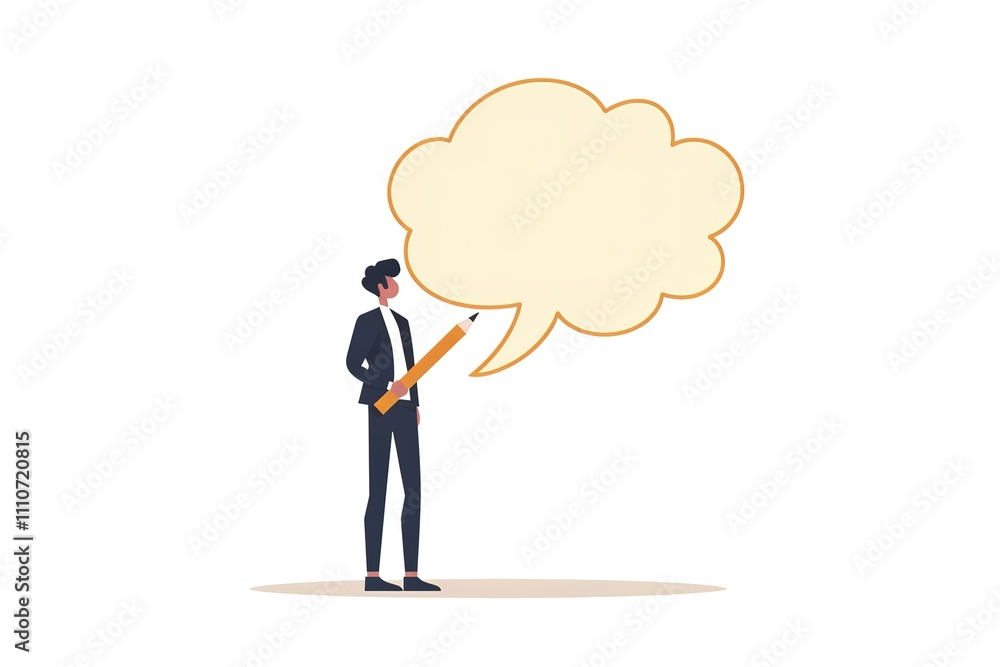 A man is holding a pencil and talking to a cloud A man is holding a pencil and talking to a cloud