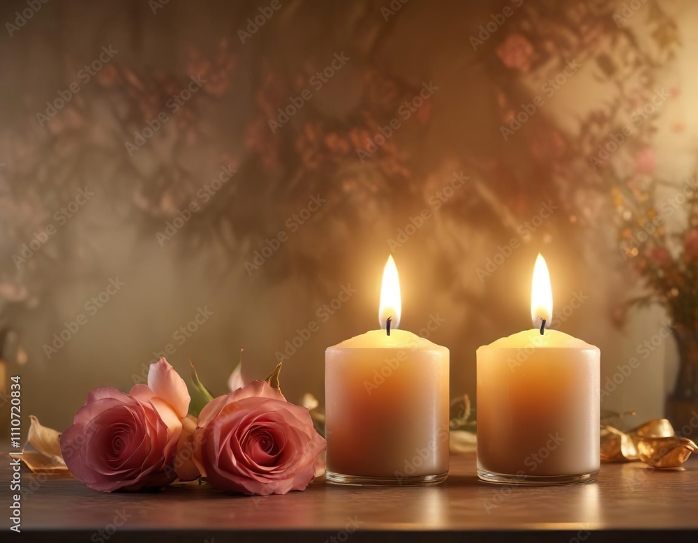 A pair of candles with rose-scented smoke in a warm, golden light , valentines day, relaxation, warmth A pair of candles with rose-scented smoke in a warm, golden light , valentines day, relaxation, warmth