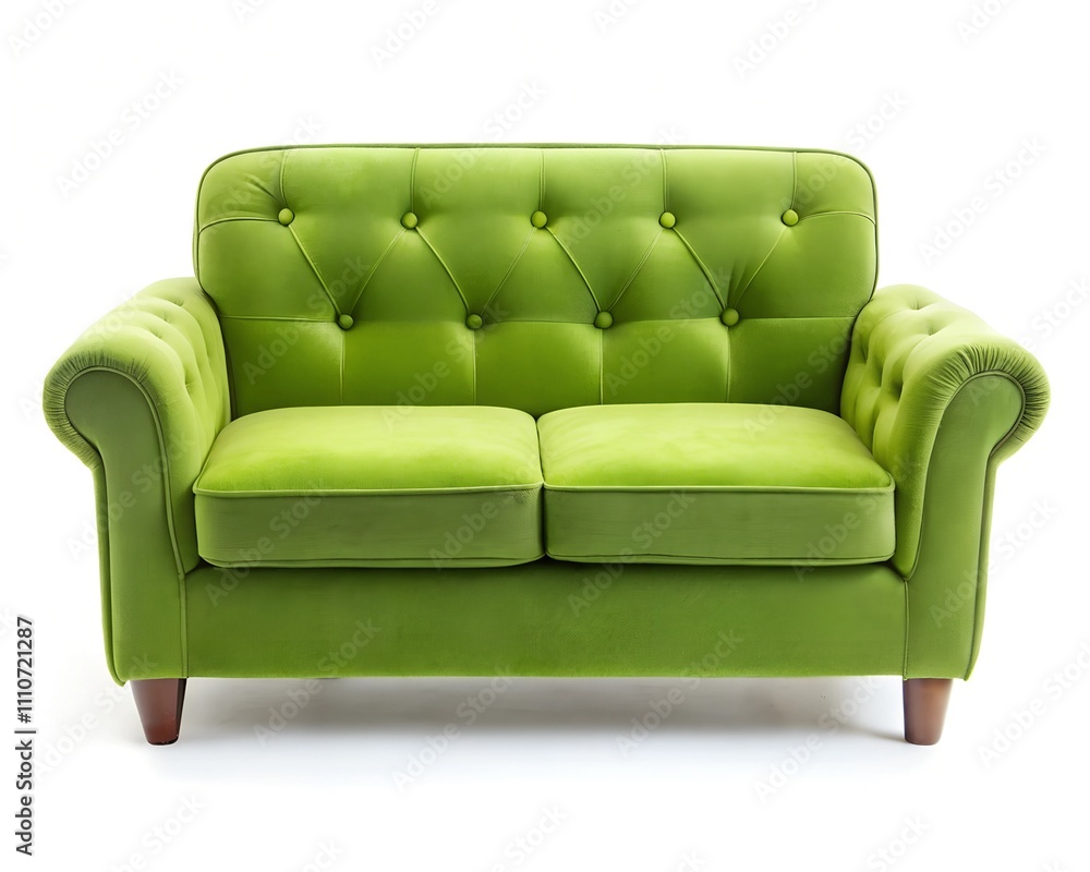 Fototapeta premium A striking bright green loveseat with tufted upholstery enhances a modern living area, inviting comfort and style. Its lively color creates a cheerful atmosphere perfect for relaxation