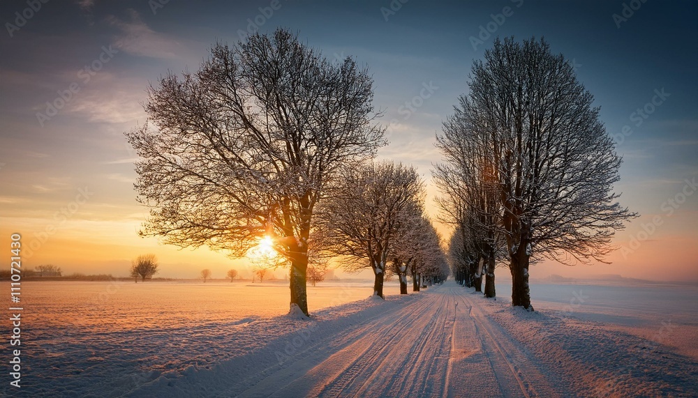 winter landscape with tree alley in sunset winter landscape with tree alley in sunset