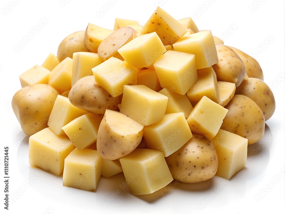 A vibrant collection of freshly cut cubed potatoes mixed with whole small potatoes, showcasing their natural textures and colors. Perfect for various culinary creations A vibrant collection of freshly cut cubed potatoes mixed with whole small potatoes, showcasing their natural textures and colors. Perfect for various culinary creations