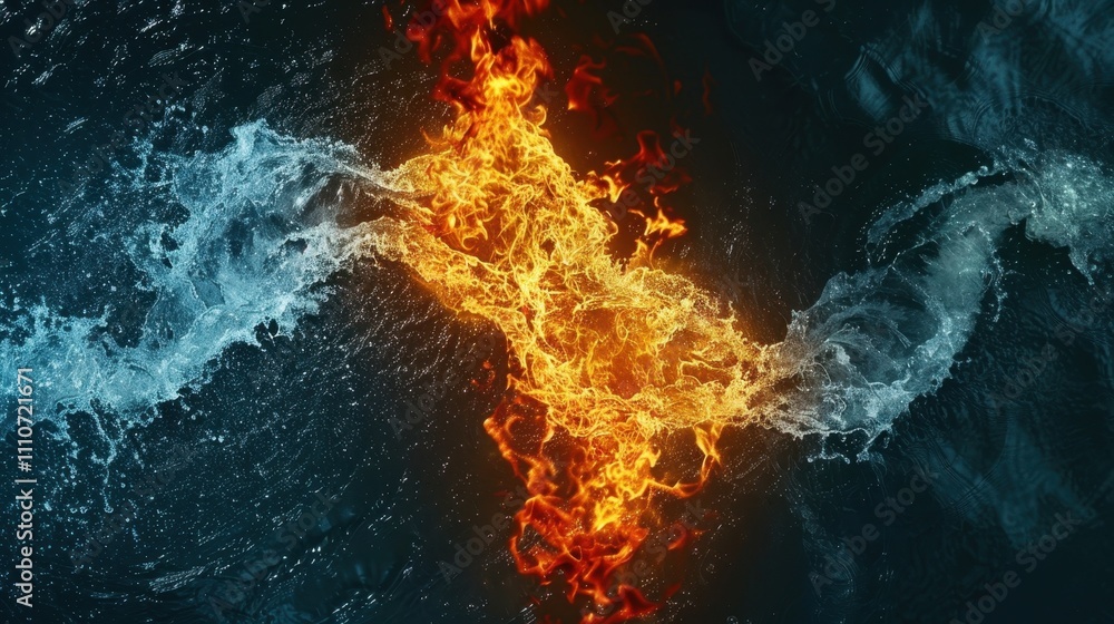 The abstract battle of ice and fire, a clash of burning flame vs frozen water waves in a powerful vs delicate balance with a nature-inspired motion and a blue vs red color scheme. The abstract battle of ice and fire, a clash of burning flame vs frozen water waves in a powerful vs delicate balance with a nature-inspired motion and a blue vs red color scheme.