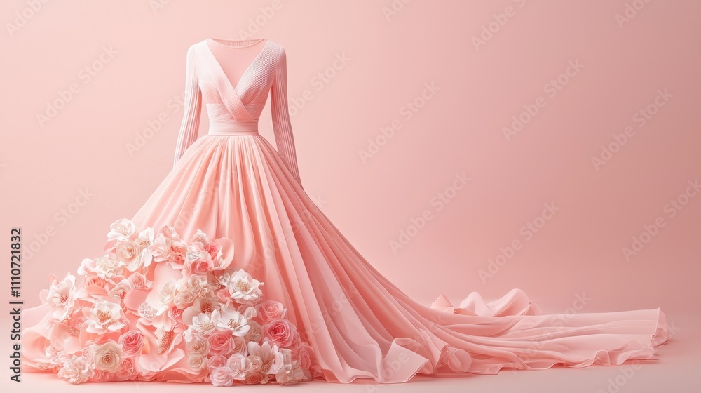 Elegant pink dress adorned with flowers on a soft pink background Elegant pink dress adorned with flowers on a soft pink background