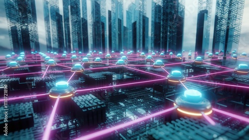 high-tech energy grid with glowing nodes connected by neon lines. The grid is set against a futuristic city