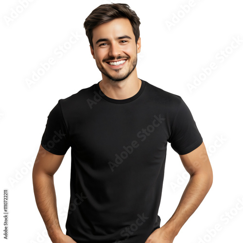 Smiling Man in Black T-Shirt with Hands in Pockets on Transparent Background