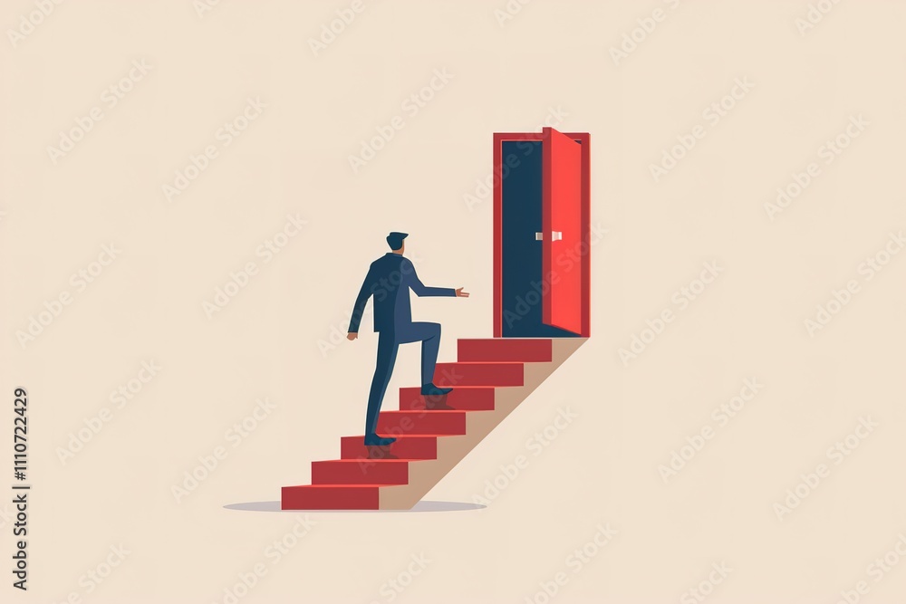 A man is climbing a red staircase to open a door A man is climbing a red staircase to open a door