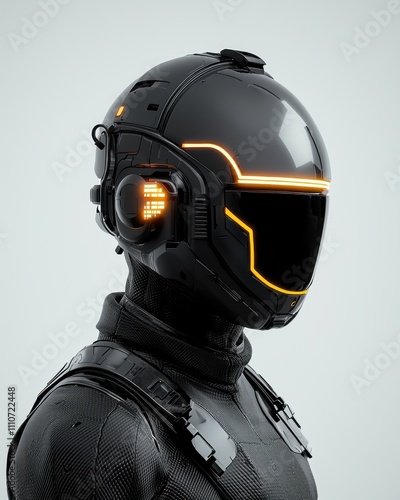 Futuristic helmeted figure with neon accents photo