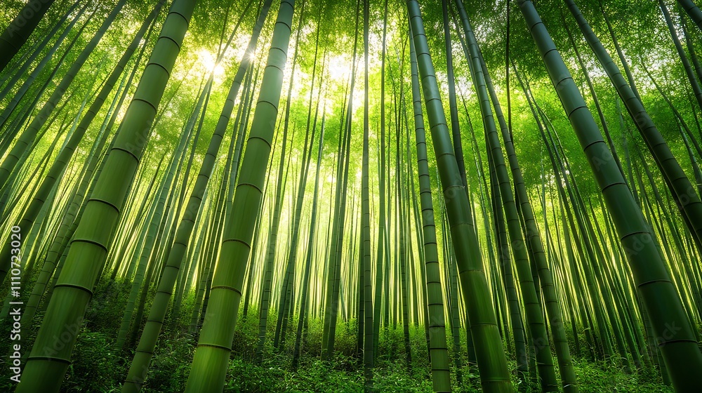 Fototapeta premium A dense bamboo forest with tall, straight stalks reaching toward the sky and dappled sunlight