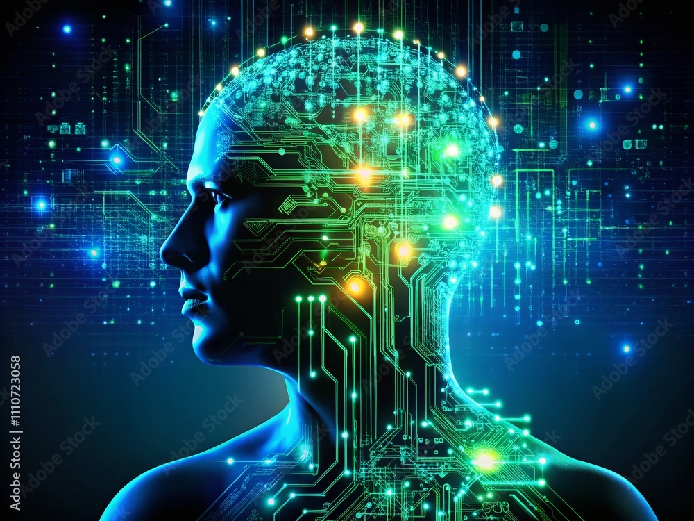 Obraz premium Human Silhouette of Interconnected Digital Circuits Glowing in Blue and Green Shades Representing Neural Networks and Artificial Intelligence Concepts