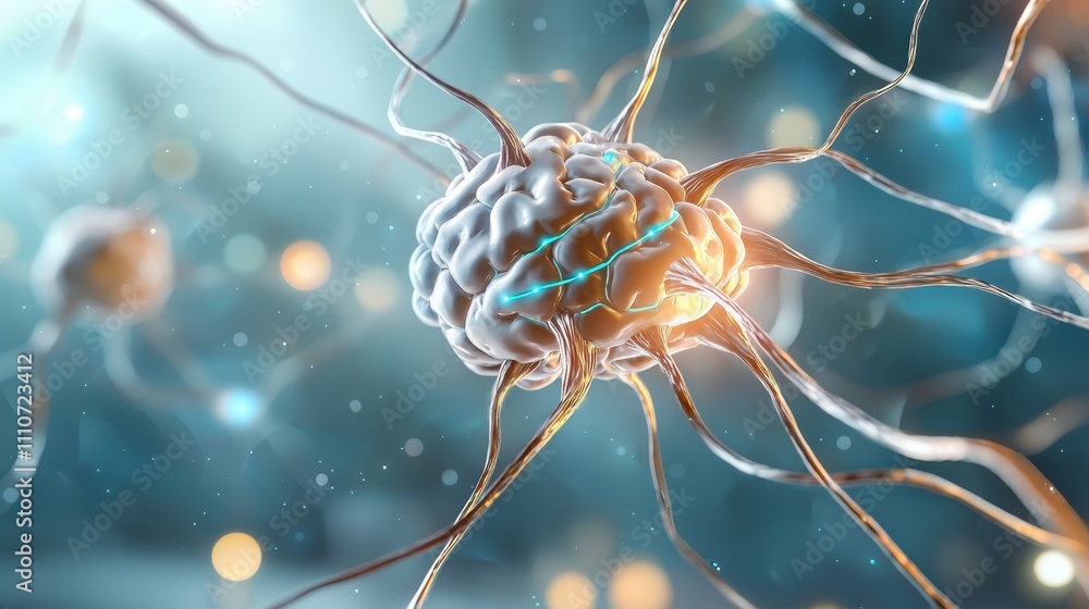 Obraz premium Neurons interacting in a colorful, abstract cellular environment