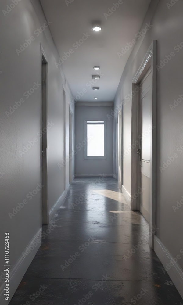 Fototapeta Empty corridor with a single window on one side, long corridor, single window