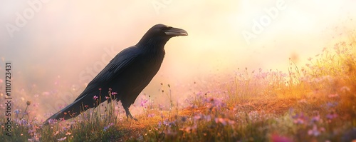 Raven on a foggy hilltop with wildflowers, soft morning light creating a mystical atmosphere with pastel hues photo