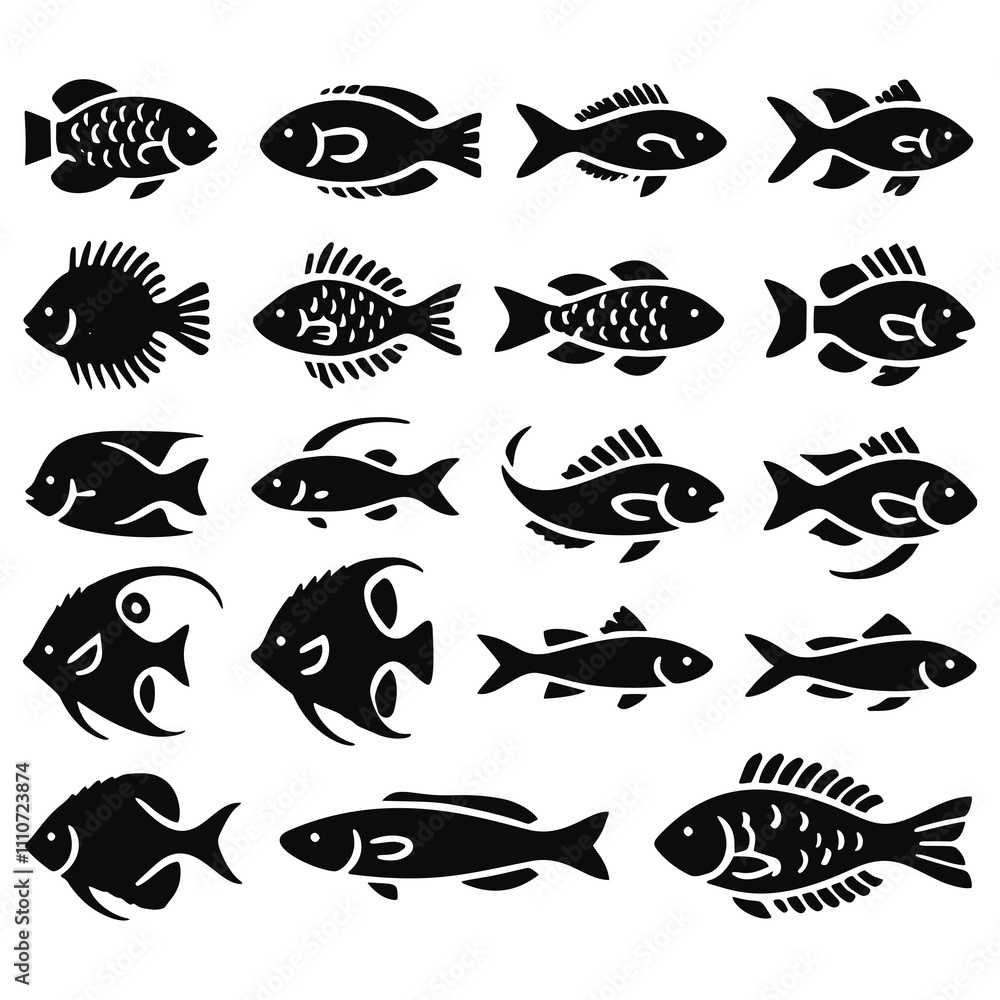 Black vector silhouettes set of different fishes on white background. Isolated simple fishes collection. Minimalist design. Black vector silhouettes set of different fishes on white background. Isolated simple fishes collection. Minimalist design.