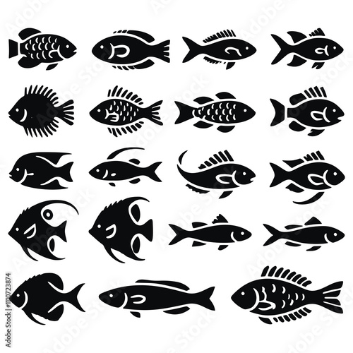 Black vector silhouettes set of different fishes on white background. Isolated simple fishes collection. Minimalist design.