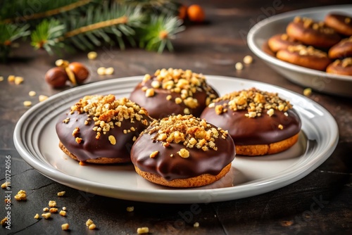 Indulge in Decadence: Three Chocolate-Covered Cookies with Nut Toppings on a White Plate Perfectly Captured in Low Light Photography for a Cozy Dessert Mood photo