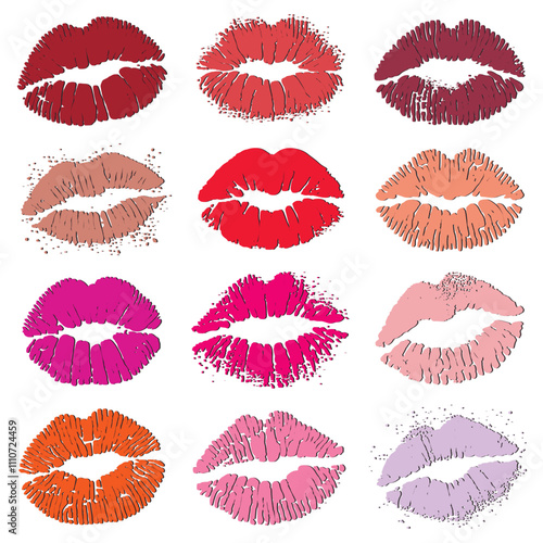 Set of colorful lip prints and kiss marks in different shades. Vector lips prints collection. Modern decorative isolated design on white background. Grunge texture. 