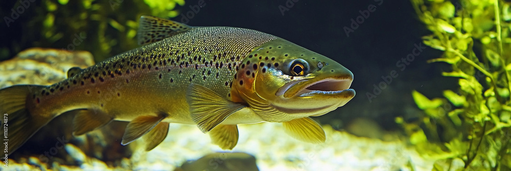 Naklejka premium Brown trout swimming among aquatic plants in clear water