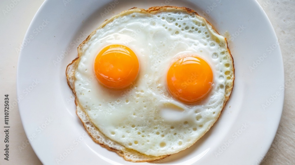 Freshly cooked sunny-side-up eggs served on a simple white plate against a light background Freshly cooked sunny-side-up eggs served on a simple white plate against a light background
