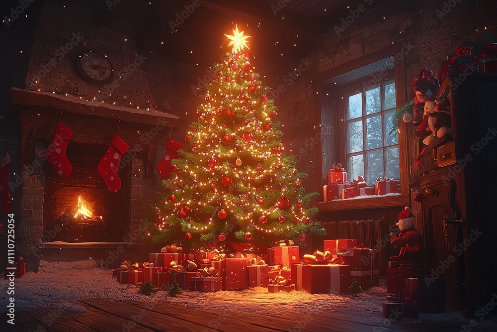 Fototapeta premium A beautifully decorated Christmas tree in a cozy cabin, radiating warmth with glowing lights and festive decorations.