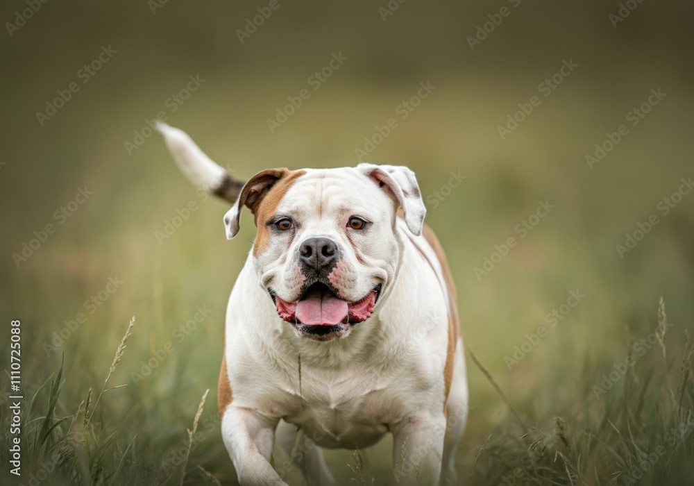Happy American Bulldog Running in Grass Happy American Bulldog Running in Grass