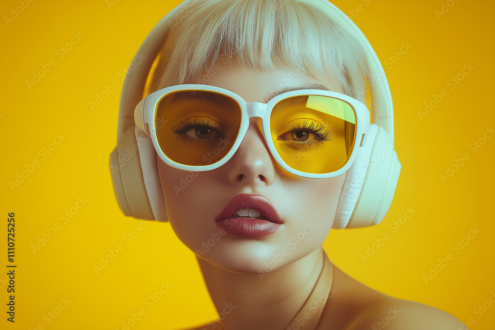 A close-up portrait of a stylish woman with blonde hair, wearing oversized yellow-tinted glasses and white headphones, set against a vibrant yellow background A close-up portrait of a stylish woman with blonde hair, wearing oversized yellow-tinted glasses and white headphones, set against a vibrant yellow background