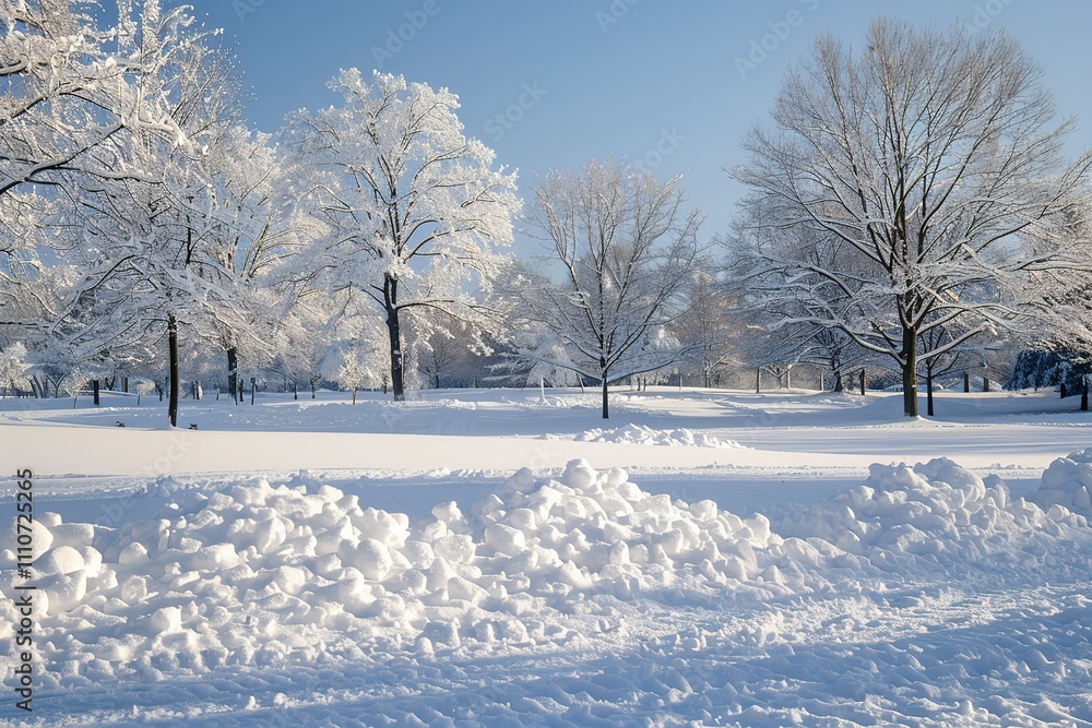 A snowy park with trees and a snow pile A snowy park with trees and a snow pile
