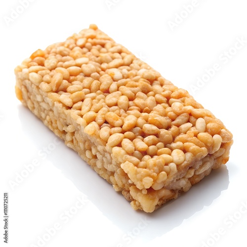 A delicious bar features a blend of roasted seeds and crispy rice, bound together with a touch of sweetness. Ideal for a quick snack or outdoor adventure, this treat is energy-packed